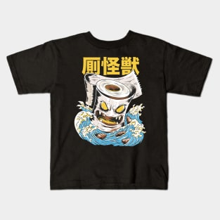 Funny Toilet Paper Monster Kaiju Japanese Anime Style Toilet Bowl Kids T-Shirt